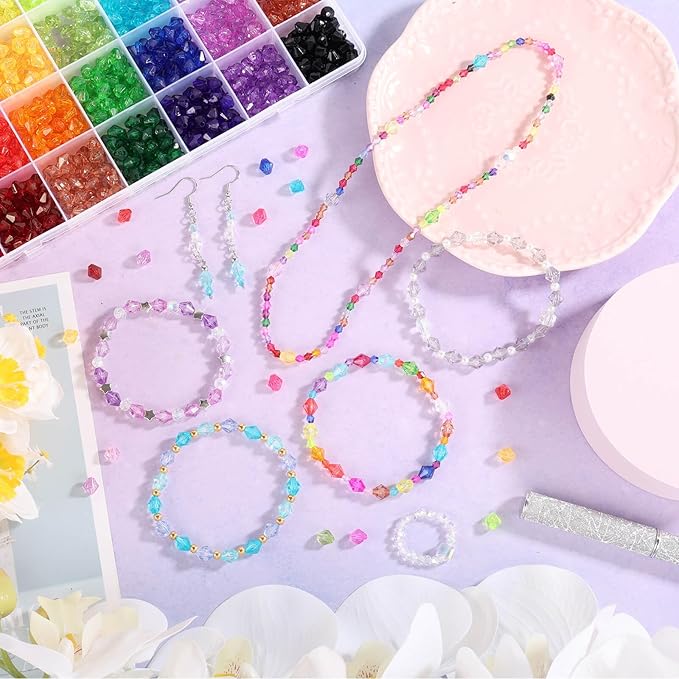 PAXCOO 1120Pcs Crystal Acrylic Bicone Beads for Jewelry Making, 28 Colors, 8 MM