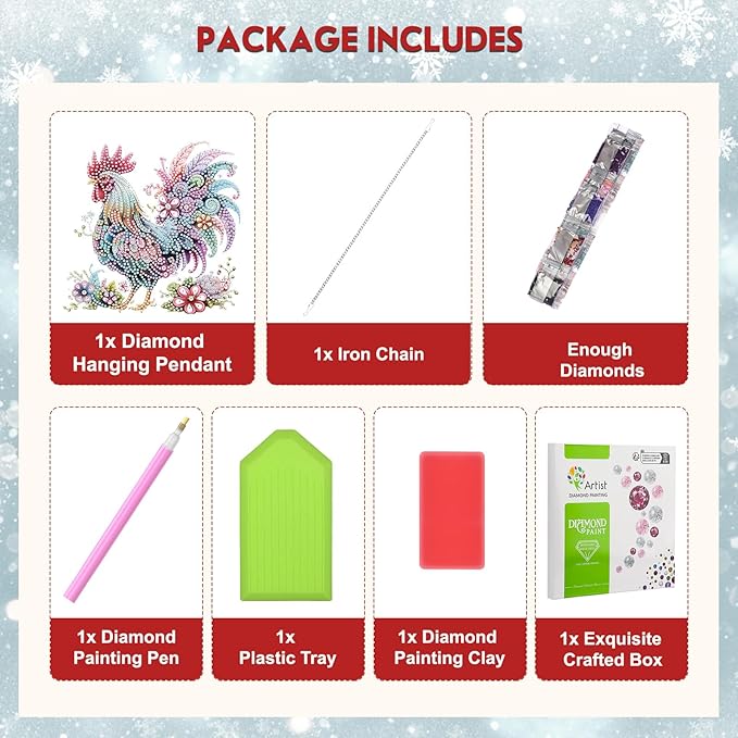 Hanging Diamond Art Kit for Adult, Cartoon Chicken, 5D Special Shaped Rhinestone Diamond Painting Ornament, Floral Rooster, DIY Acrylic Diamond Art Painting Window Pendants Home Garden Wall Decor