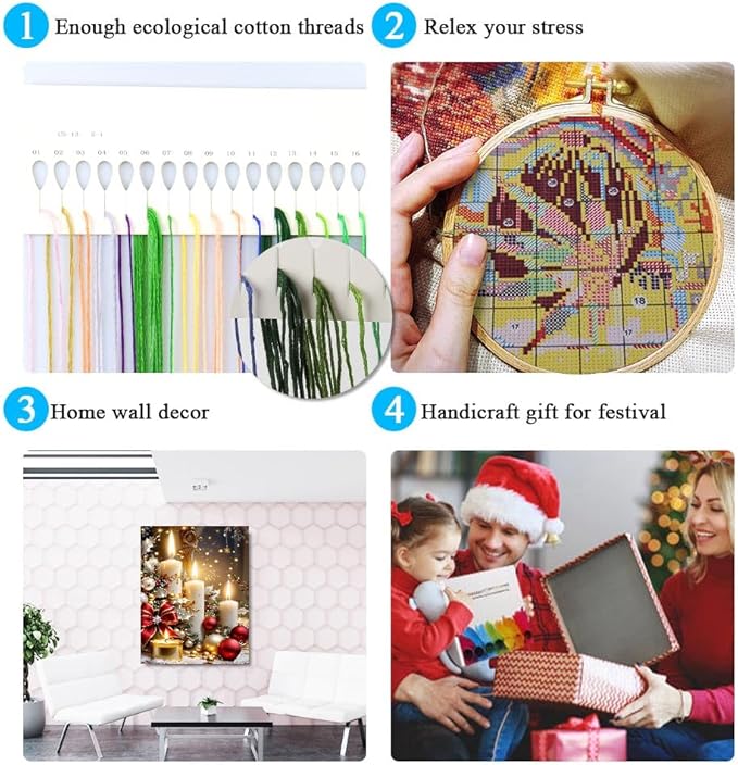Christmas Candles Counted Cross Stitch Kits for Adults, Christmas Stamped Cross Stitch Kits for Beginners, Needlepoint Cross-Stitch Patterns Embroidery Kits Arts and Crafts for Home Decor 12×16 Inch