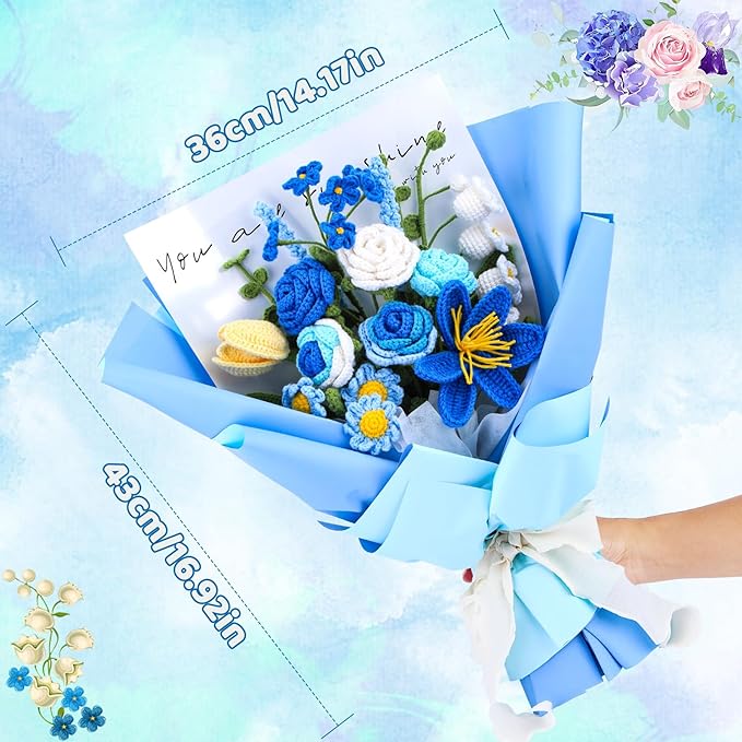 Iuuidu Crochet Kit, Flower Bouquet Crochet Kit for Beginners, Crochet Bouquet Kit Rose with Step-by-Step Video Tutorials for Lover Anniversary Birthday Wedding Home Decor (Blue)