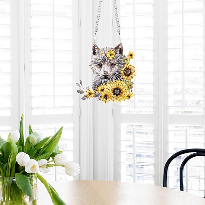 AiYuanzsh Animal Wolf Sunflower DIY Acrylic Diamond Painting Pendant Kits Special Shaped Rhinestone Round Diamond Art Hanging Kits Home Garden Wall Window Pendants .Home Wall Decor Gift