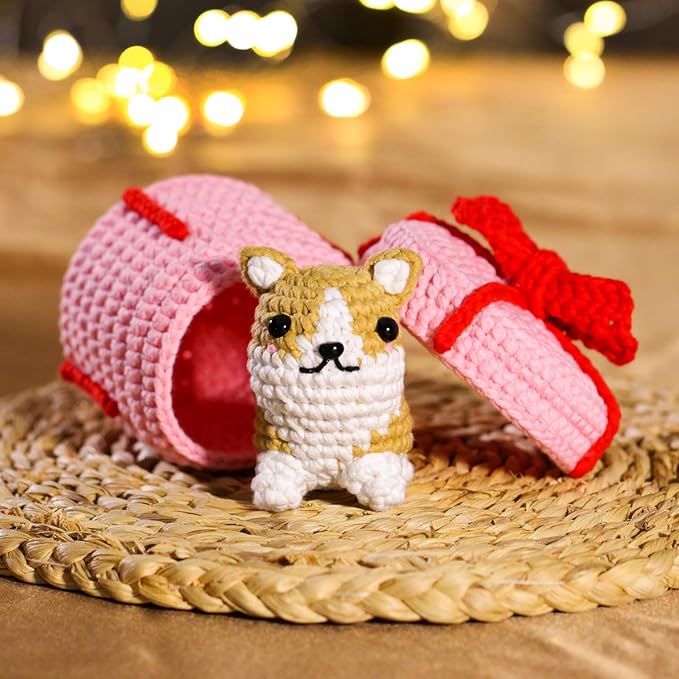 CrochetBox Crochet Kit for Beginners Adults - Corgi Dog Starters Crochet Kit, Beginners Crocheting Kitting for Adults Teen, DIY Craft Gifts with Crochets Yarns, Hook, Step-by-Step Video, Instruction
