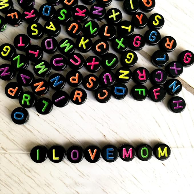 Amaney 1000pcs Alphabet Beads 4x7mm Round Letter Beads Black Acrylic with Colorful Letter for Jewelry Making