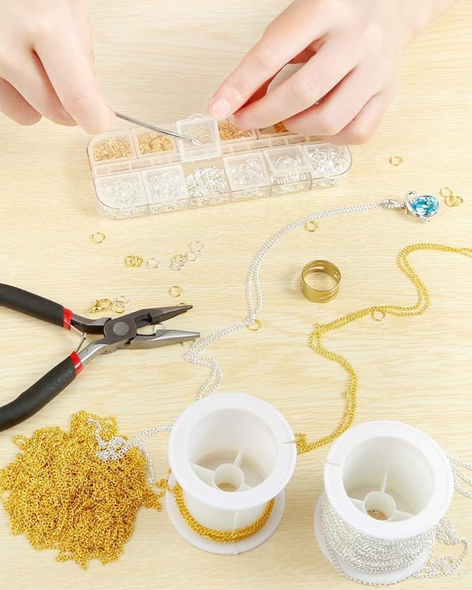PP OPOUNT 65 Feet Jewelry Chains Necklace Chains 2 mm Jewelry Making Chains with 960 Pieces Jump Rings 40 Pieces Lobster Clasps Jewelry Making Tools (Gold, Silver Total in 65 Feet)