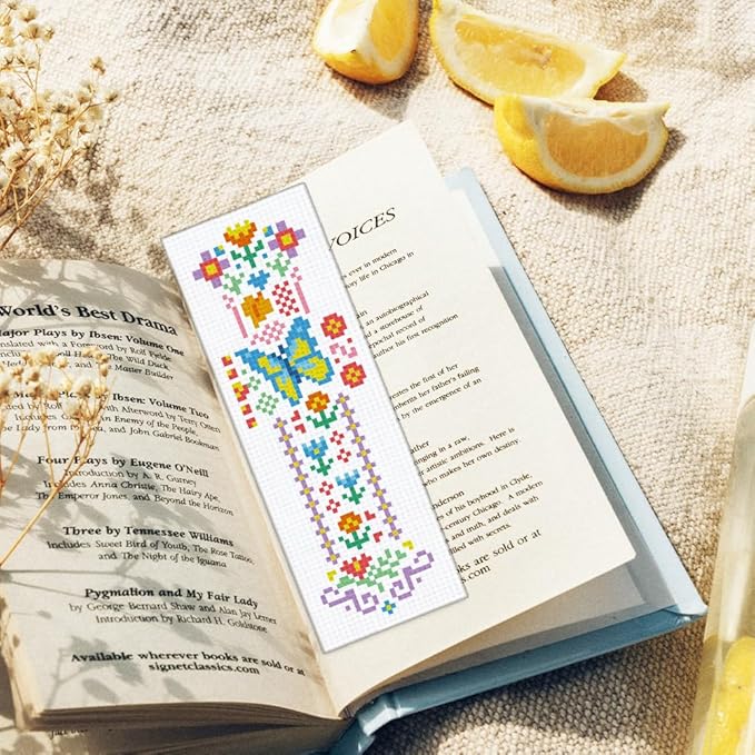 ORIGACH 6 Pcs Cross Stitch Bookmark Kit for Beginner Adults, Spring Flowers Stamped Embroidery Bookmark Kit with Instruction for Starters for Book Lovers