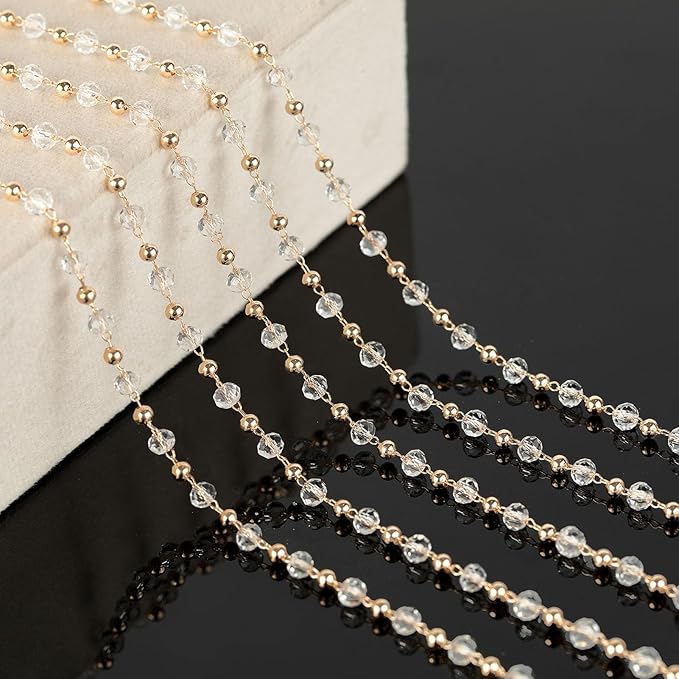 KYUNHOO 16.4 Feet Gold Plated Brass Beaded Jewelry Chain Bulk Clear Glass Crystal Necklace Chain for Women Jewelry Making Supplies Findings