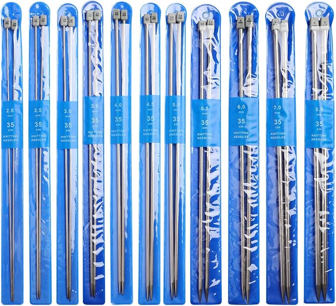 KOKNIT 11 Pairs Knitting Needle Set, 10'' Length Stainless Steel Single Pointed Sweater Staight Needle Kit in Different Sizes, Great for Weaving or Knitting