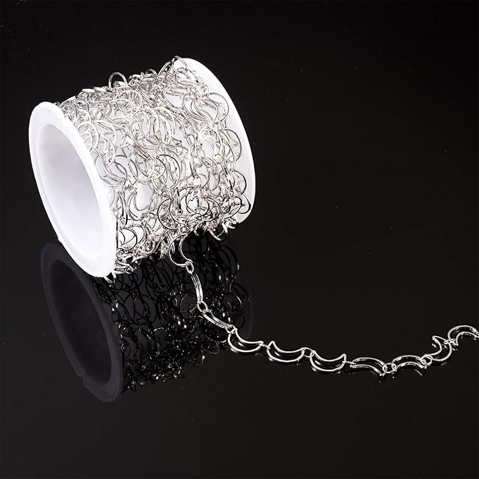 Sparkeads 9.84 Feet(3m) Silver Chain for Jewelry Making,Brass Hollow Moon Link Chains,Silver Link Necklaces for Women, Cable Chain for Bracelet DIY Earring Craft Supplies Jewelry Making Kits,10x6x1mm