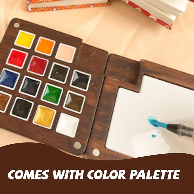 15 Gauge Acrylic Mini Palette, Mini Watercolor Palette Set, Pocket Artist Watercolor Travel Set, Portable Watercolor Palette Box Set with Brushes, Clips, Sketchbook, Paints, Storage Bag (B)