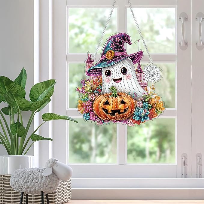 SKRYUIE Halloween Hanging Diamond Art Kits for Adults Pendant Suncatcher, Special Shaped Crystal DIY Pearl Diamond Painting Kit, Gift for Mother Spring Summer Window Wreath Decor 7.88 x 7.48 Inch D11