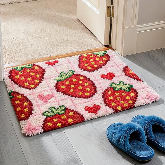 ORIGACH Strawberry Latch Hook Rug Kit for Adults Printed Rug Making Kit Handmade Carpet Tapestry Cover with Hook Latch and Preprinted Canvas, Home Arts Crafts Sofa Decor, 20.5x15inch