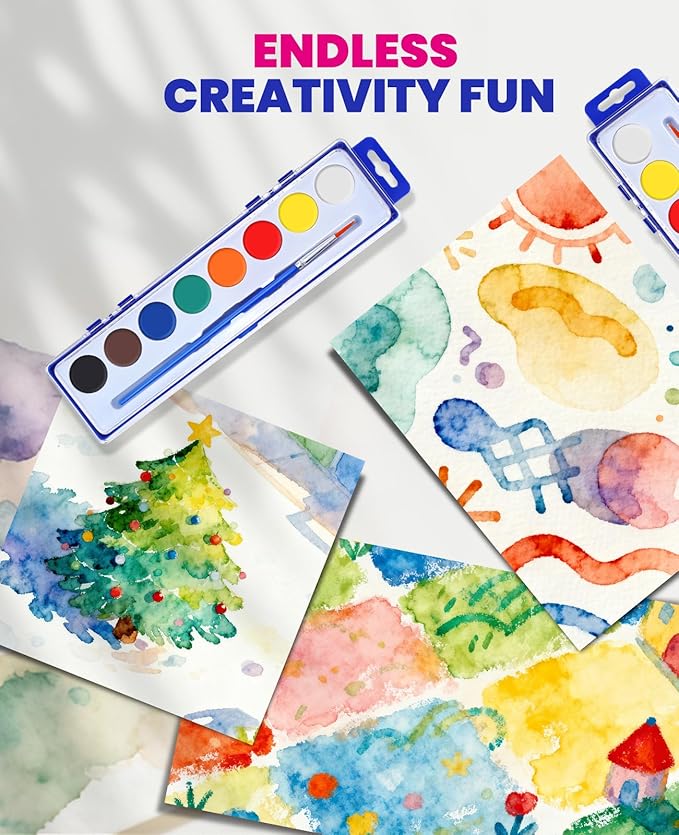 24 Pack Watercolor Paint Set, 8 Colors Watercolor Paint Set Bulk with Paint Brushes, Washable Paint, Art Supplies for Classroom, Parties