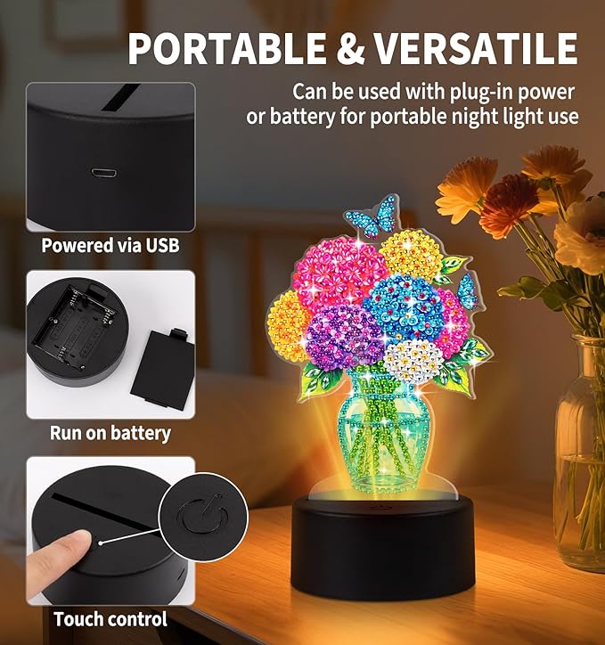 ALKALO Diamond Painting Night Light, Diamond Painting Kits for Adults Desktop Ornaments for Table Tabletop Decor Diamond Art Accessories for Adult Beginner Touch Lamp for Bedrooms Living Room- Flowers