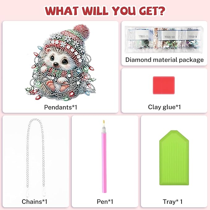 Bowetile Christmas Diamond Art Hanging Kits for Adults, Hedgehog Diamond Art Suncatchers, 5D Special Shape Diamond Painting Pendant Window Ornament Christmas Gifts for Home Door Wall Decor