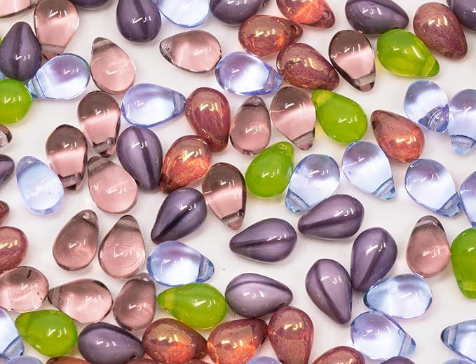 Czech 60-Piece (25g) Glass Beads Mix, 6x9mm, Teardrop Opal Green Silk Dirty Lavender Violet