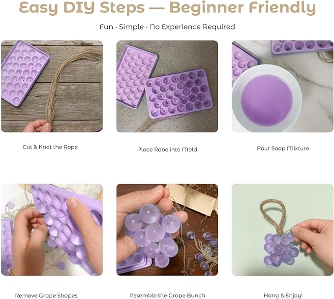 DIY Grape Soap Making Craft Kit for Beginners & Adults, Includes 2 Silicone Molds, 65 FT Jute Twine, 1 Tweezers, 1 Gift Box, Handmade Home Decor Ready for Gifting (Without Soap)