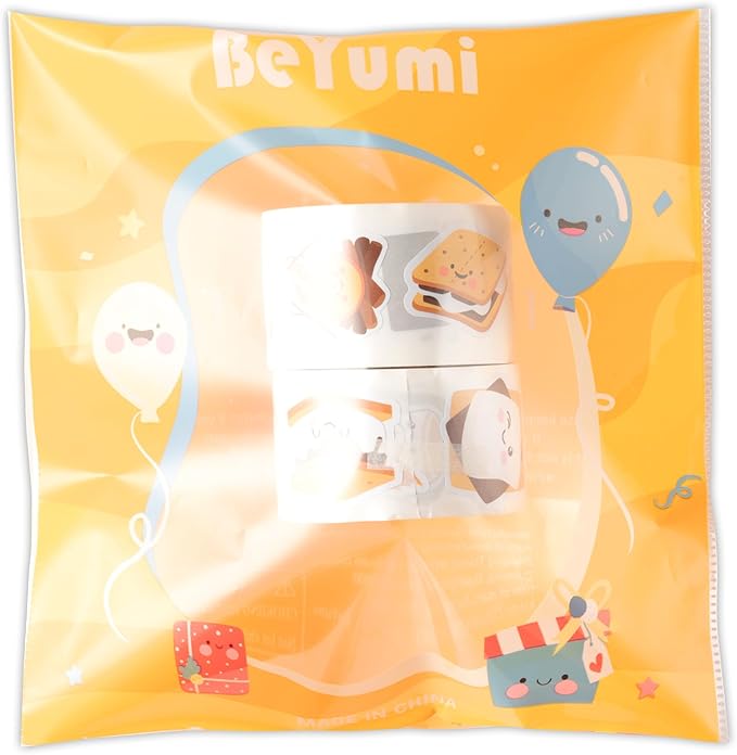 beyumi cute marshmallow sticker roll - 1000pcs smores stickers in 2 rolls waterproof vinyl marshmallow themed funny expression decals for gift party laptop bottle scrapbooking envelope decor for kids