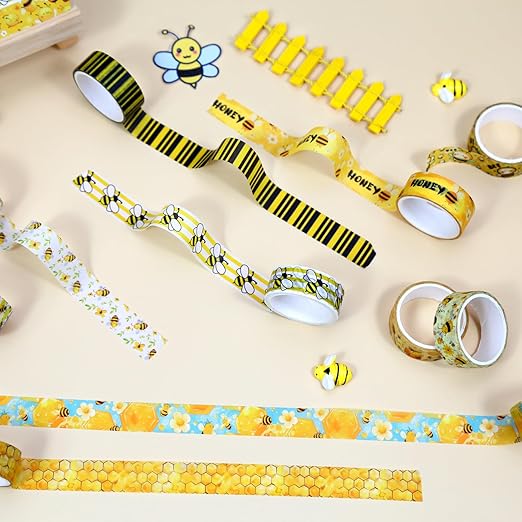 Bee Washi Tape Set,12 Rolls Honey Daisy Decorative Tape Yellow Black Bumblebee honeycombs Masking Tape for Journaling Supplies, Junk Journal, Scrapbooking, DIY Arts & Crafts, Gift Wrapping