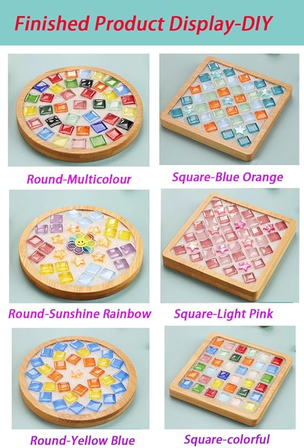 6 Sets DlY Mosaic Tiles for Crafts,Mixed Color Glass Mosaic Kits with Wooden Coaster for Adults,DlY Coasters Kit Mosaic Supplies for Handmade Home Decoration Gift (Round and Square)
