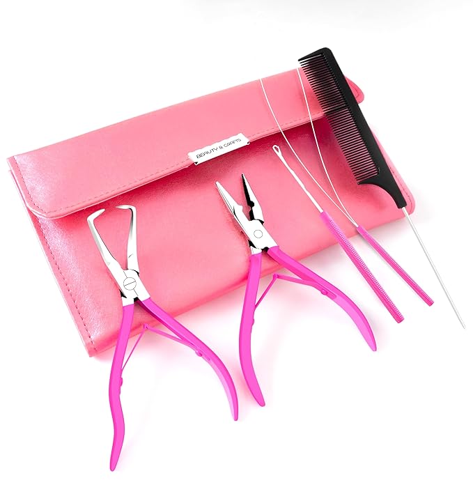 Beauty & Crafts Hair Extension Tools- Stainless Steel Pliers Set for Micro Beads- 1 Crochet Needle 1 Pulling Hook with Tail Comb- Micro Links Tool Kit with Leather Pouch- (Pink)