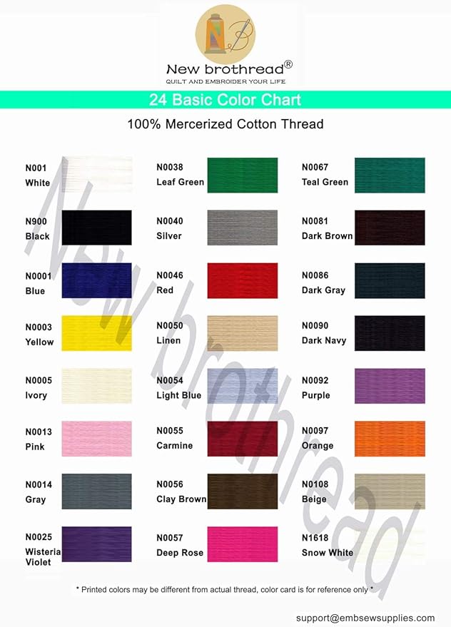 New brothread - 18 Options - Multi-Purpose 100% Mercerized Cotton Threads 50S/3 600M(660Y) Each Spool for Quilting, Serger, Sewing and Embroidery - 24 Basic Colors