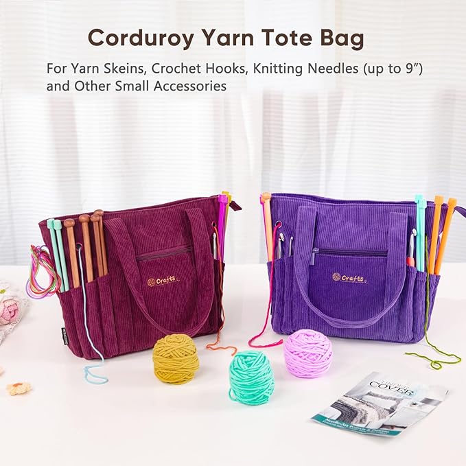 Crochet Bag and Tote - Corduroy Yarn Bag - Yarn Holder for Crocheting - Crochet Storage Bag for Crochet Hooks, Crochet Accessories, Knitting Bag for Crochet Lovers, Mother's Day Gift