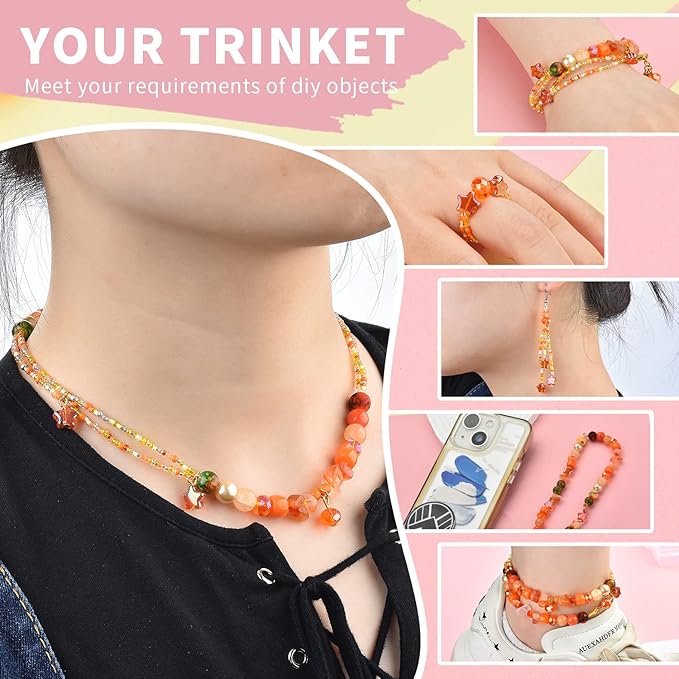 Rired 27 Glass Beads for Bracelet Making Kit, 900pcs Orange Crystal Beads Set, Craft Beads Include Assorted 8mm Round/Bicone/Seed and Shaped Star Beads for Jewelry Making