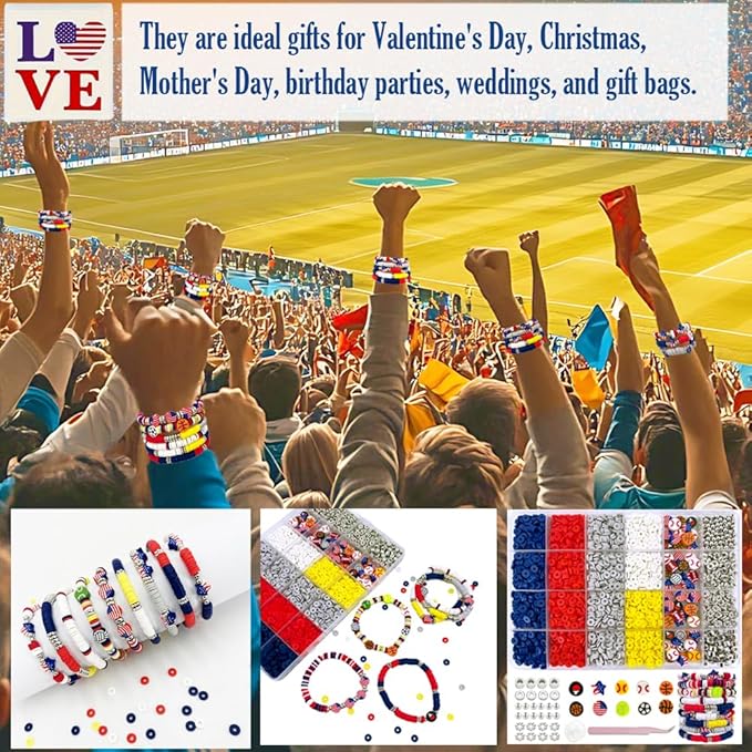 MIIIM Sports Clay Beads Kit for Bracelets Making, Football Heishi Beads, 4th of July Beads Clay Charms and Silver Spacers for Jewelry Making, Friendship Bracelet Kit for Crafts, Concert, Raves