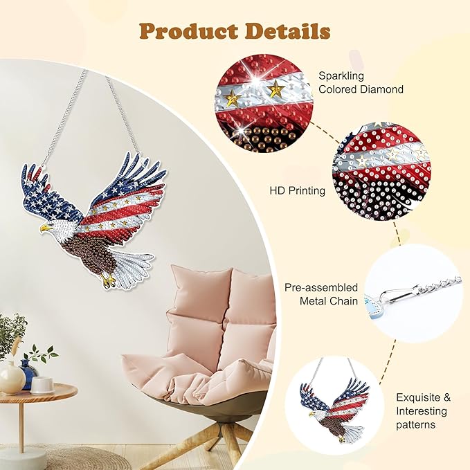 HEIBAGO Independence Day Bald Eagle Hanging Diamond Art Kits for Adults, 4th of July Special Shaped Crystal Diamond Painting Kit, DIY Double-Sided Pattern Gem Art Kit for Home Wall Decor 8.3x8.3inch