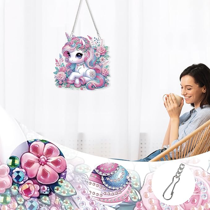 AiYuanzsh Pink Unicorn Special Shape Diamond Painting Hanging Kit for Adults, 5D Crystal Rhinestone Diamond Art Ornament Fantasy Floral Design for Window Wall Home Decor
