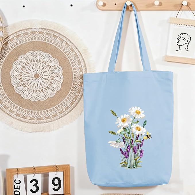 Canvas Tote Bag Embroidery Kit with Pattern for Beginners, Arts and DIY Embroidery Crafts Kits for Adults, Instructions, Embroidery Hoops, Color Threads (lightblue, CR002 huaxiangyiren lightblue)