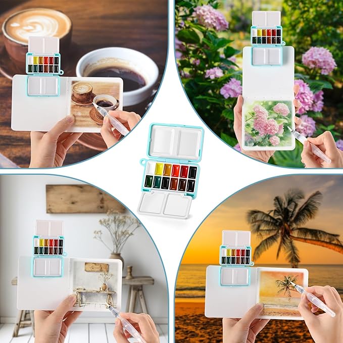 Qeeenar 7 Pcs Mini Watercolor Paint Set Portable Mini Paint Palette Travel Kit Pocket Water Color Set with Paints, Watercolor Book, Clip, Brush for Beginner Artists Amateur Hobbyist and Painting Lover
