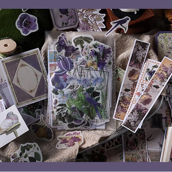 Alideco 200pcs Vintage Scrapbook Stickers Kawaii Purple Floral Scrapbooking Paper Washi Junk Journaling Supplies Collage Album Aesthetic Cottagecore Picture Frames(Butterfly)