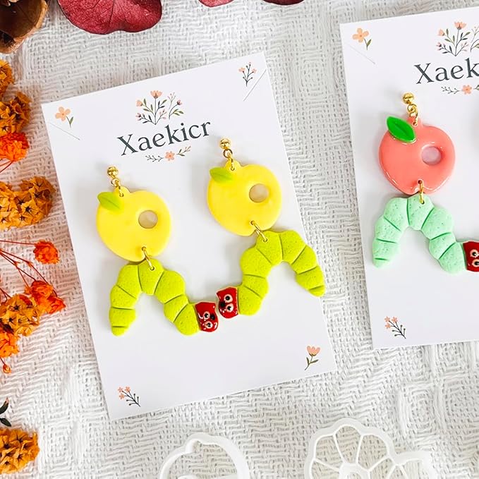 Xaekicr Whimsical Worm and Apple Polymer Clay Cutters – 3PCS Clay Earring Cutters Set for DIY Fruit Insect Jewelry Making – Clay Tools and Polymer Clay Molds