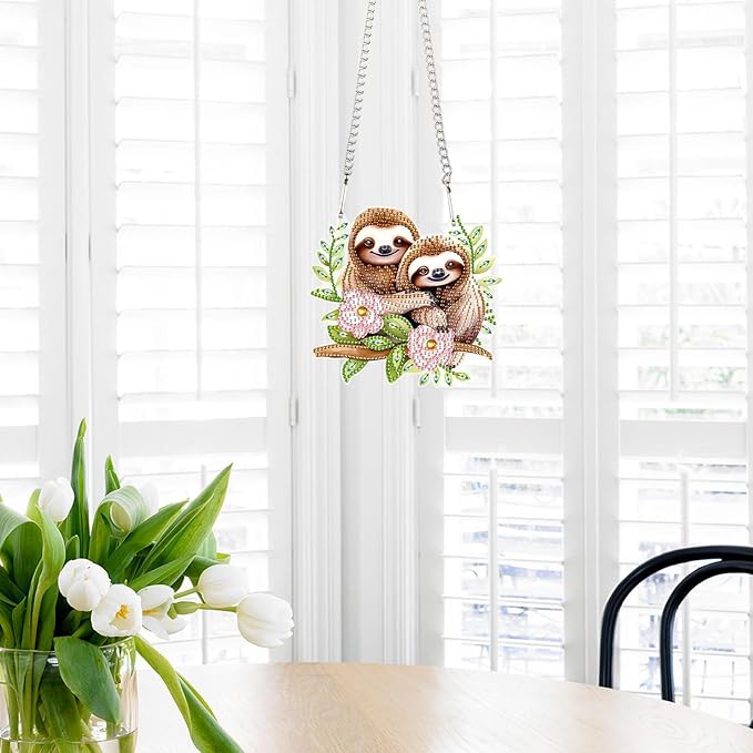 AiYuanzsh Diamond Art Painting Pendant Kits Animal 5D Diamond Painting Art Hanging Kit Cute Brown Sloth DIY Diamond Crystal Window Pendant Kit for Adults Gift Wall Home Decoration
