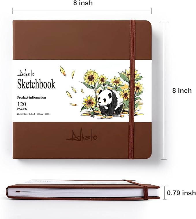 ALKALO Square Sketchbook for Drawing, 120 Pages Sketch Book, 122LB/180GSM Thick Paper, Mixed Media Sketchbook for Charcoal Pencil, Inks Pen, Colored Pencil, Acrylic Marker, Oil Pastel