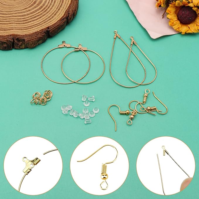 380pcs earring making kit for jewelry making, with teardrop round beading hoop,earring hooks,jump rings,earring backs for diy earrings jewelry craft supplies(k gold, 2 sizes)