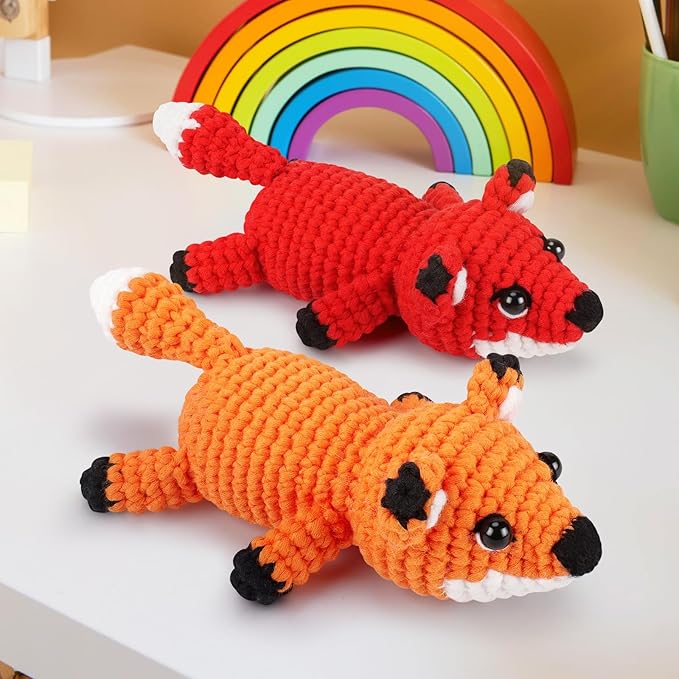fortuning's jds crochet kit for beginners - 2 pcs fox crochet kits with step-by-step video tutorials, beginner crochet kit for adults, crochet animal kit, crochet fox set