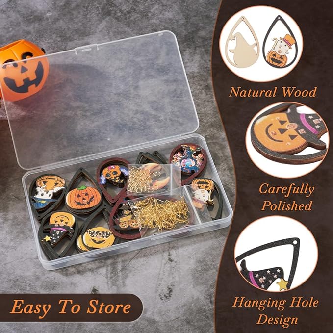 40pcs Halloween Teardrop Wooden Earring Charms Big Hollow Wood Cutouts with Pumpkin & Ghost & Bat & Spider Printed for Necklace Keychain DIY Jewelry Craft Making