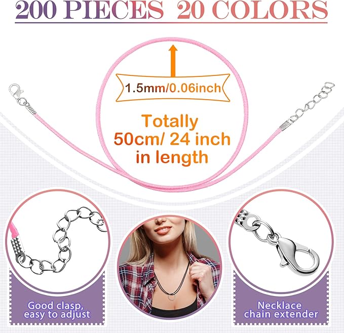 Tudomro 100 Pieces Waxed Leather Necklace Cord Bulk with Clasp Necklace Bracelet Chains String Rope Cord for Jewelry Making Pendants Charms(Rainbow Color,20 Inch)
