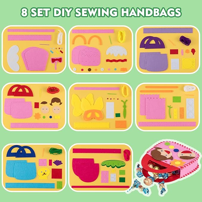 OZENT 8 Set Sewing Handbag Kit, Sew Your Own Purses and Handbags, Felt Sewing Kit with Stickers DIY Sewing Felt Craft for Girls