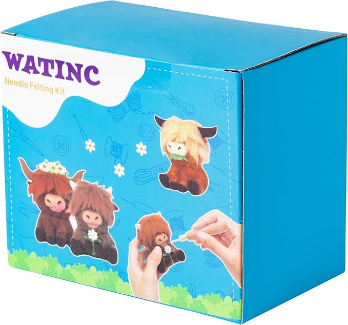 WATINC Needle Felting Kit - 3 Set Unique Different Cute Doll Wool Felt Needle Tools Foam Pad Instruction, DIY Home Decoration Craft Party Supplies for Art Work Starter Beginners (Highland Cow)