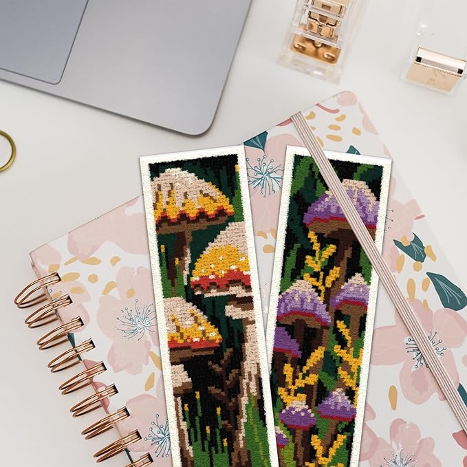 ORIGACH 6 Pcs Cross Stitch Bookmark Kit for Beginner with Backing Felt Floss Instruction Mushroom Plants DIY Stamped Embroidery Bookmark Kit for Starter Adults Book Lovers