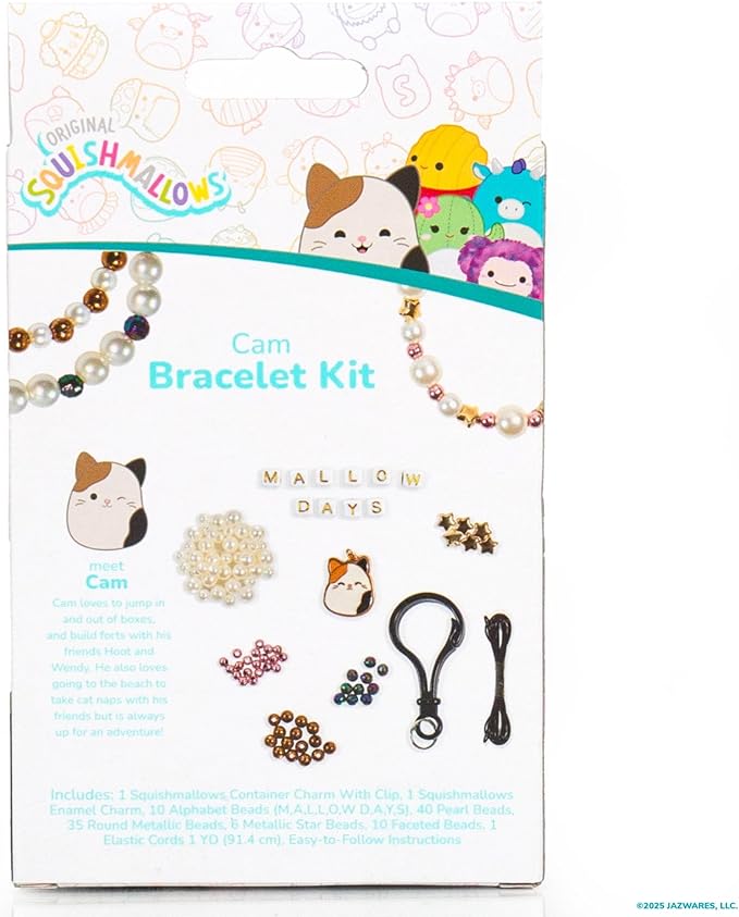 Original Squishmallows Cam The Cat Bracelet Kit, Makes 3 Accessories, Fun Beads and Charms, Bonus Keychain, Friendship Jewelry Making Set, Gifts for Girls, Craft Kits, Arts and Crafts for Kids
