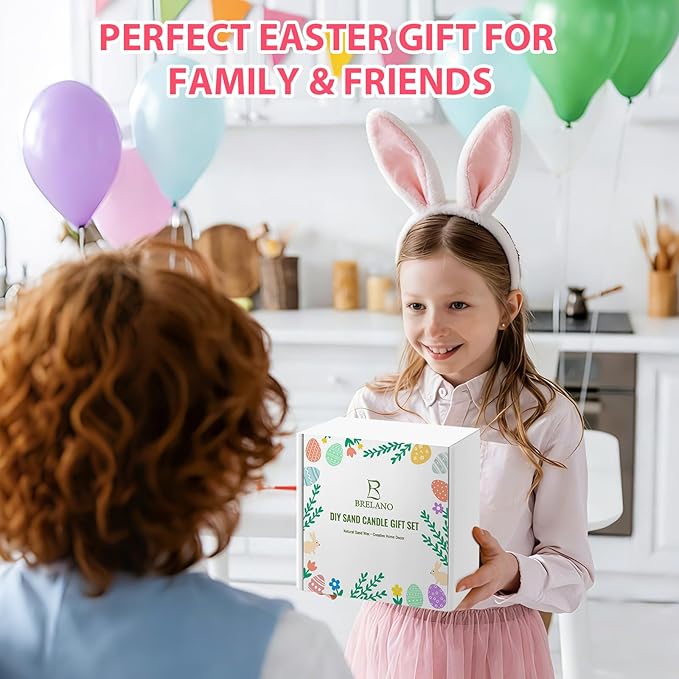 BRELANO Easter Craft Kit for Kids & Adults – DIY Sand Candle Making Kit with Bunny & Egg Decor, Colored Pearled Candle Sand, Cotton Wicks & Egg-Shaped Glass Jar, Easter Gift Set & Spring Home Decor