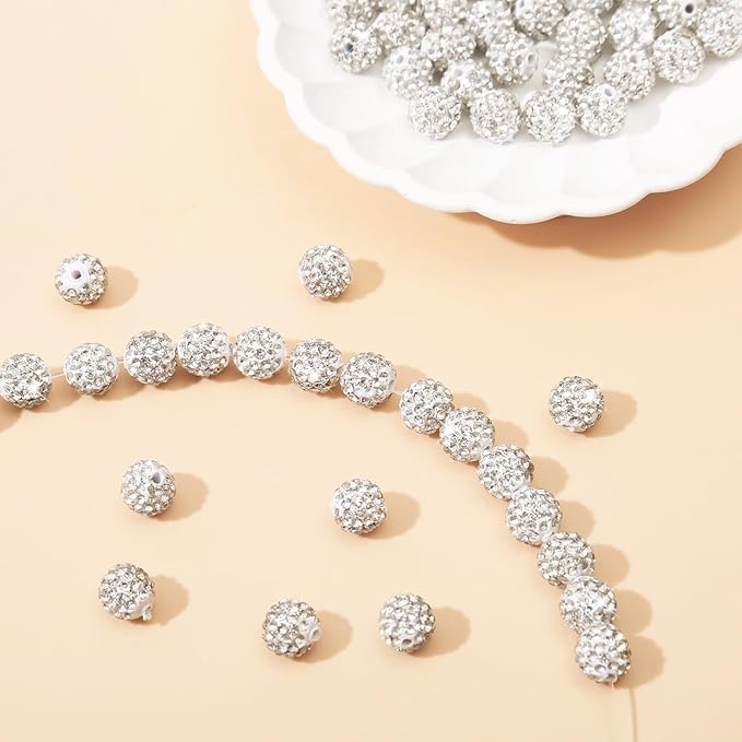 100 Pcs 10mm Rhinestone Beads for Jewelry Making, White Shiny Round Shamballa Disco Baseball Necklace Beads Sparkle Crystal Clay Pave Rhinestones Bead for DIY Bracelet Earring Craft Making Supplies