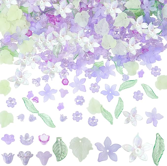 500Pcs Acrylic DIY Flower Leaf Beads Kits Including Assorted Purple Flower Loose Beads Maple Leaf Pendants Charms Acrylic Floral Caps for Earring Bracelet Necklace Craft Jewelry Making