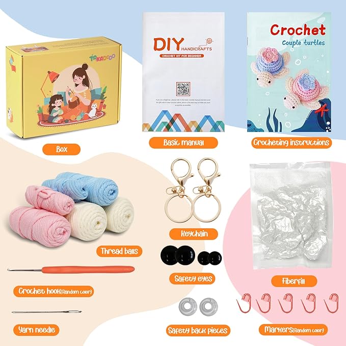 TAKADODO Crochet Kit for Beginners - Learn to Crochet Kits for Adults Beginner with Step-by-Step Video Tutorials - Crochet Kits for Adults and Kids (Turtle)