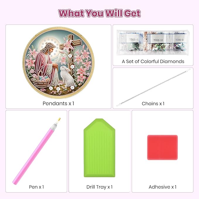 MOGTAA Easter Bunny Diamond Art Hanging Kits for Adults Beginners, Jesus Diamond Art Suncatchers, 5D Special Shape Flowers Diamond Painting Window Pendant Kit for Home Garden Wall Decor