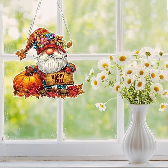 Genius maker Fall Gnome Diamond Art Hanging Kits for Adults, Halloween Special Shaped Diamond Painting Kits, DIY Acrylic 5D Crystal Diamond Gem Art Painting Hanging Ornament for Home Wall Decor